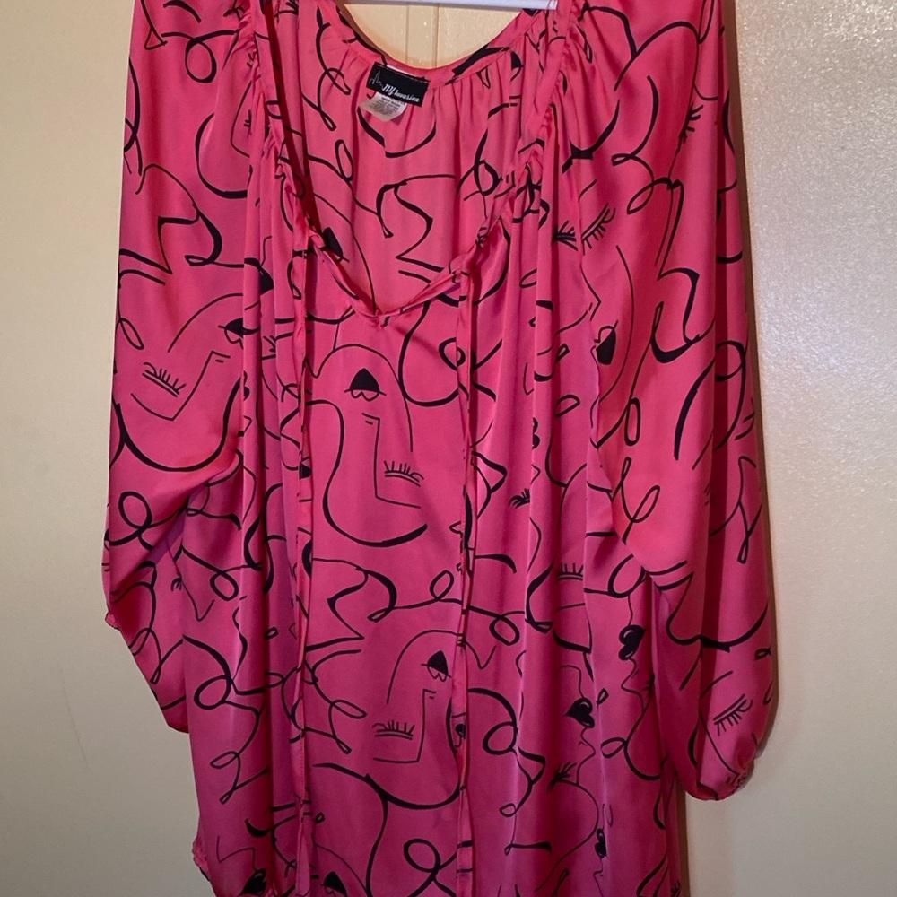 My Invasion Pink Abstract Face Print Blouse Women’s Plus 3X Satin Look Boho Top